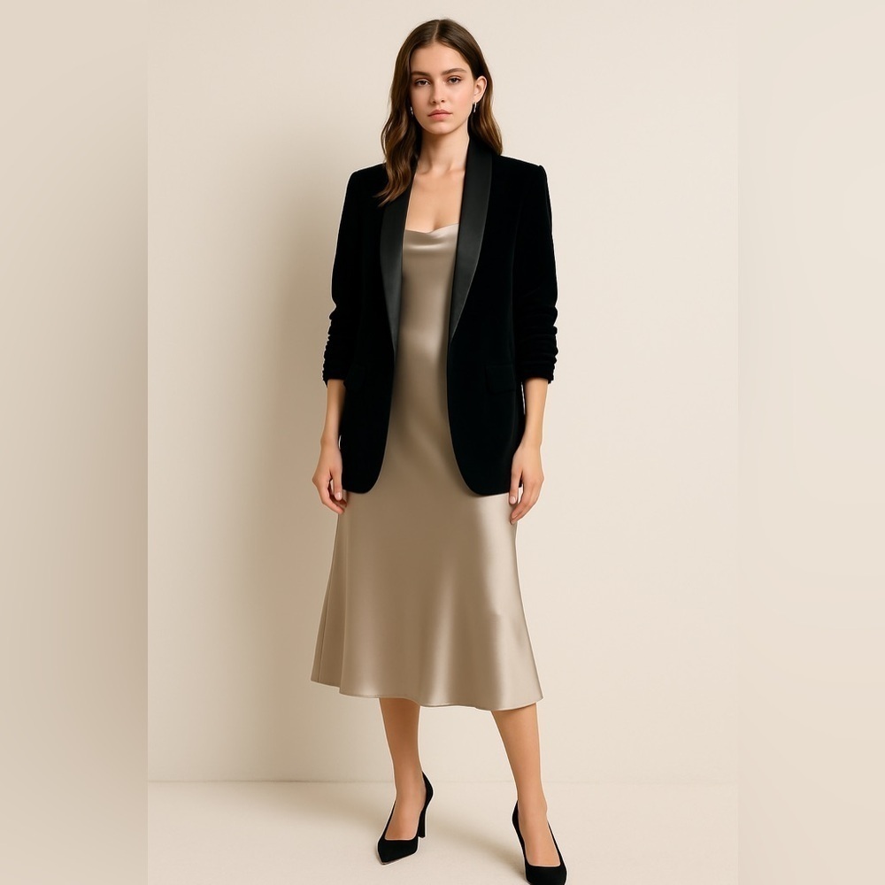 Zara velvet satin lapel open front blazer in black. Size small.